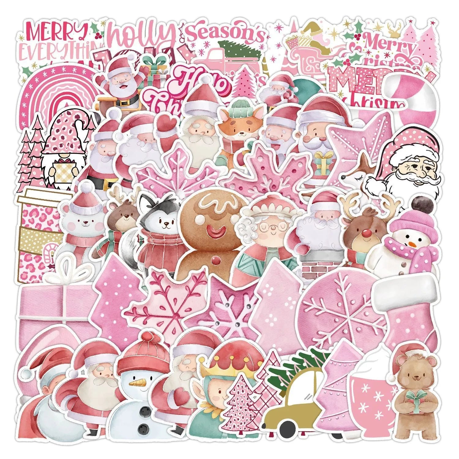 Pack of 50 cute Christmas-themed waterproof stickers in sizes from 4cm to 8cm.