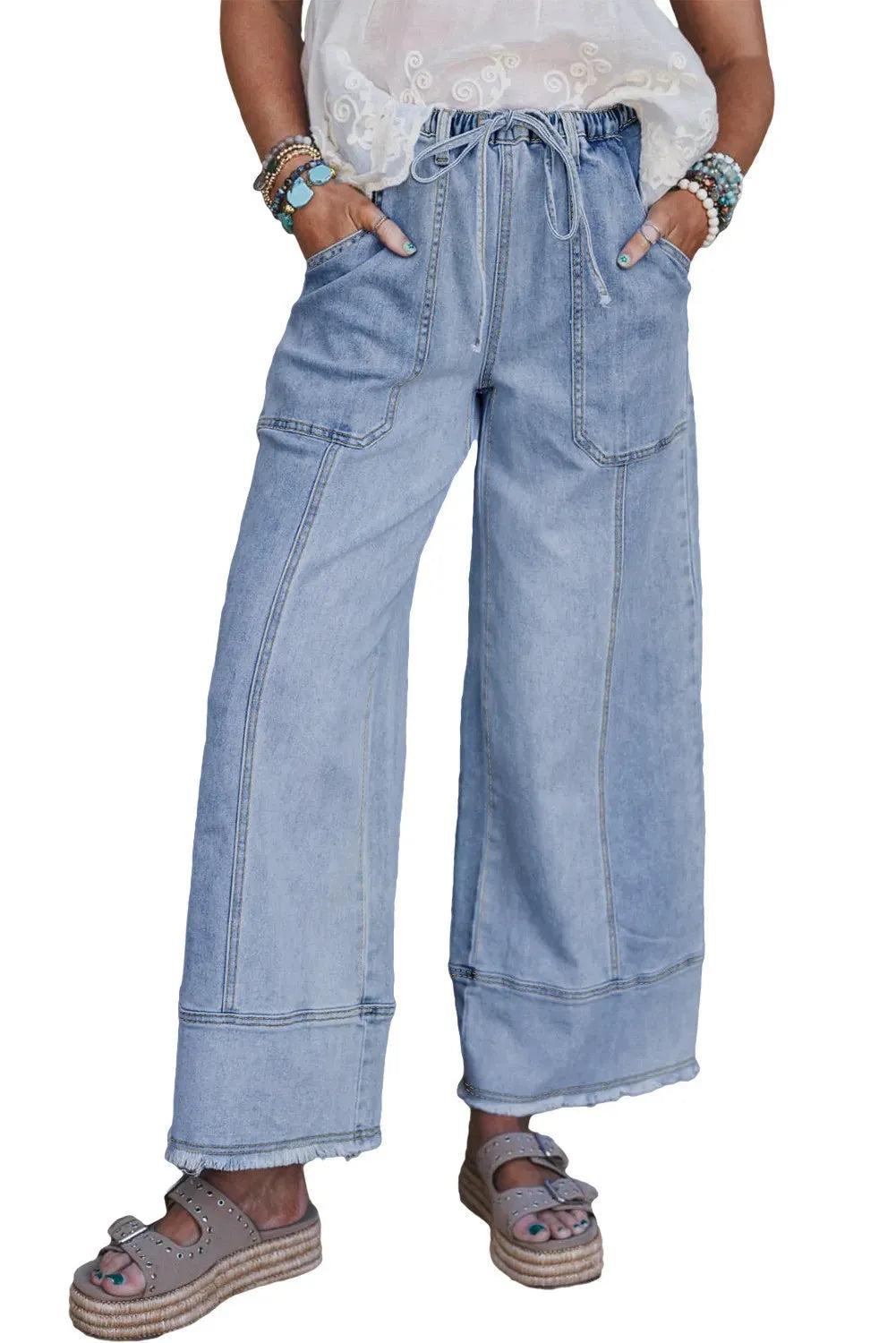 Beau blue women's wide leg denim trousers with a drawstring waist and raw hem seam detail