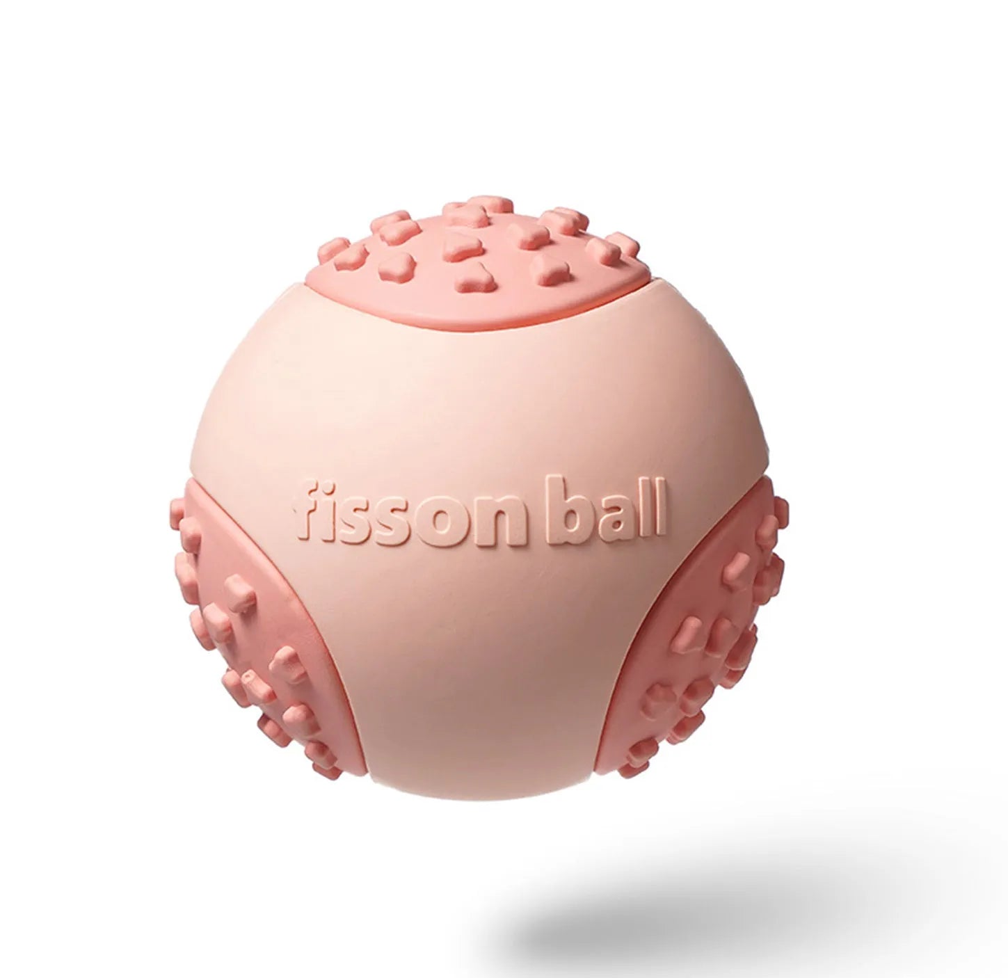 Green and pink rolling ball dog toy with 64mm diameter for small and medium dogs.