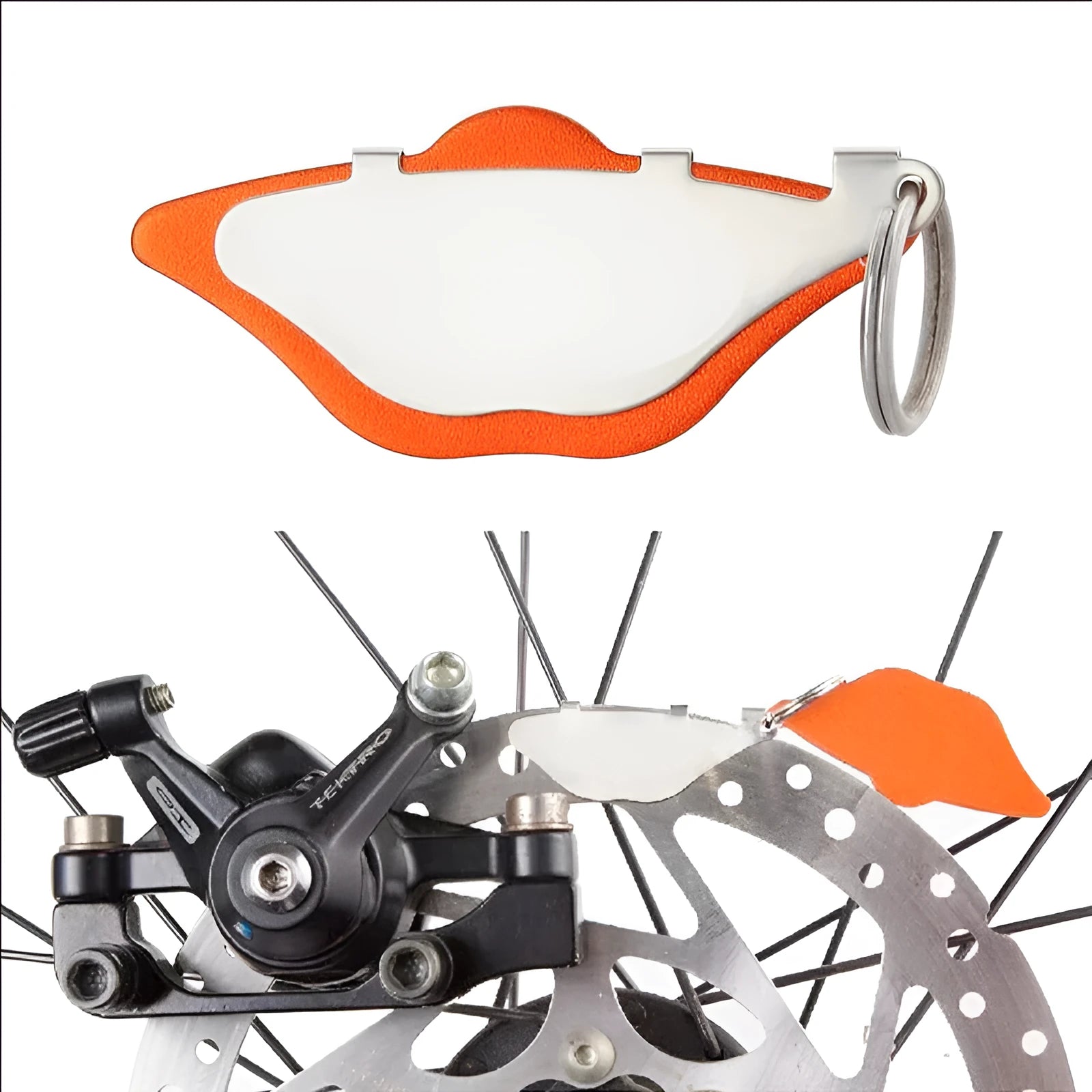 Black and orange mountain bike brake disc linings with metal construction