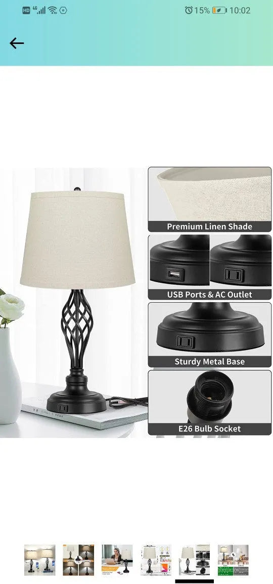 European style bedside table lamp with USB charging port and touch-sensitive cold warm light controls