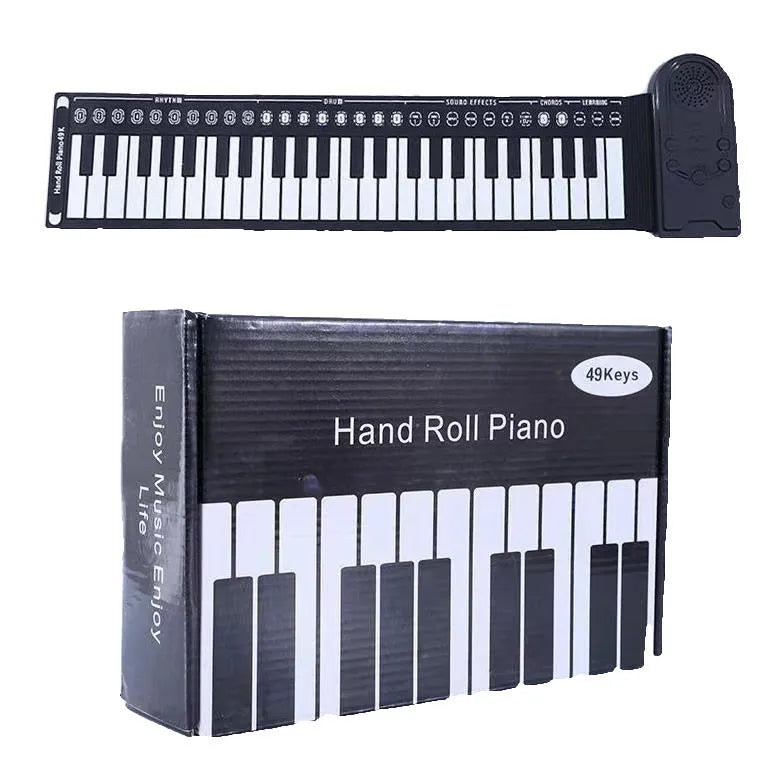 Portable folding 49-key electronic keyboard with speaker in compact rolled position showing silicone rubber keys and ABS plastic controls