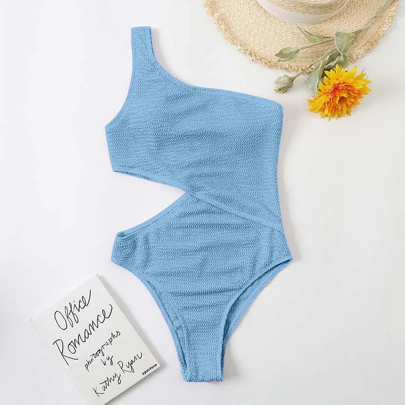 Plain solid colour one shoulder one piece swimsuit for women polyester fabric swimming wading beachwear