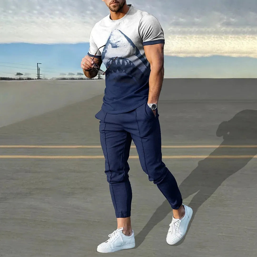 Man wearing a printed short-sleeve pullover and matching trousers from a thin polyester sports suit set.