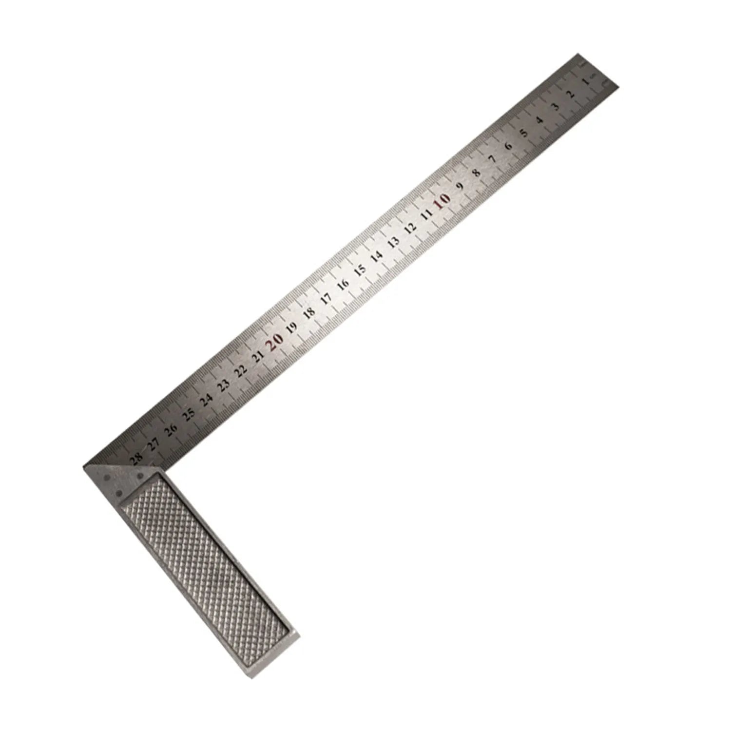 Red 7-inch metal combination angle ruler with metric scale, two tools in a clear bag.