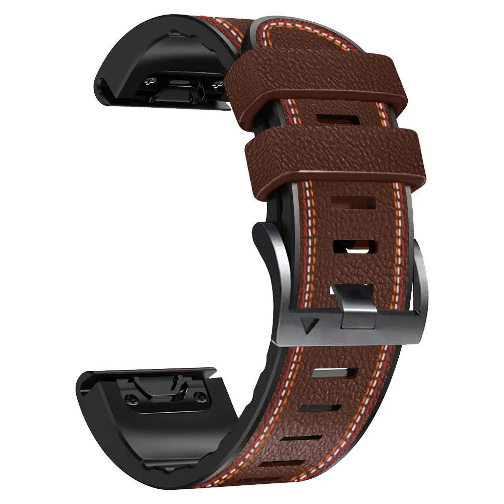 Quick release silicone leather watchband for Garmin Fenix watches in black, shown detached.
