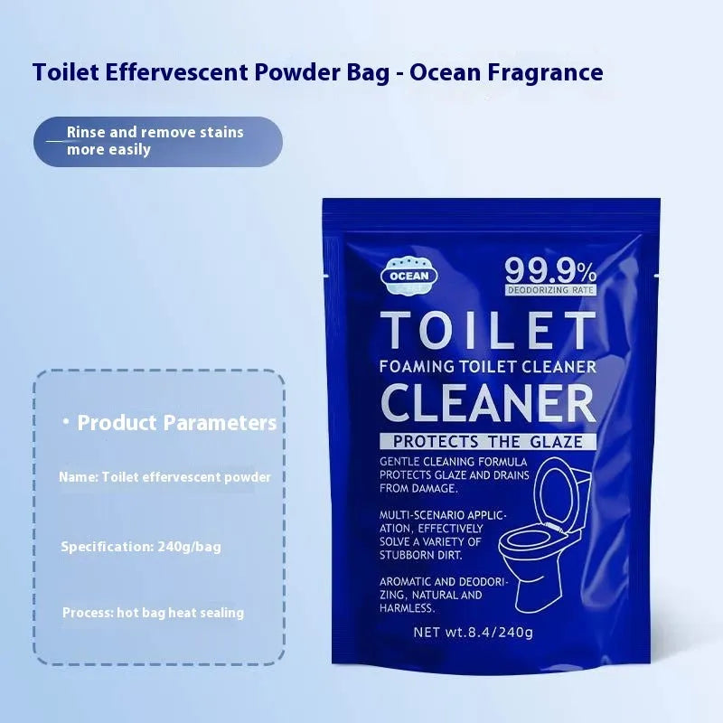 Toilet bubble powder in blue ocean and pink floral fragrances for descaling and anti-blocking