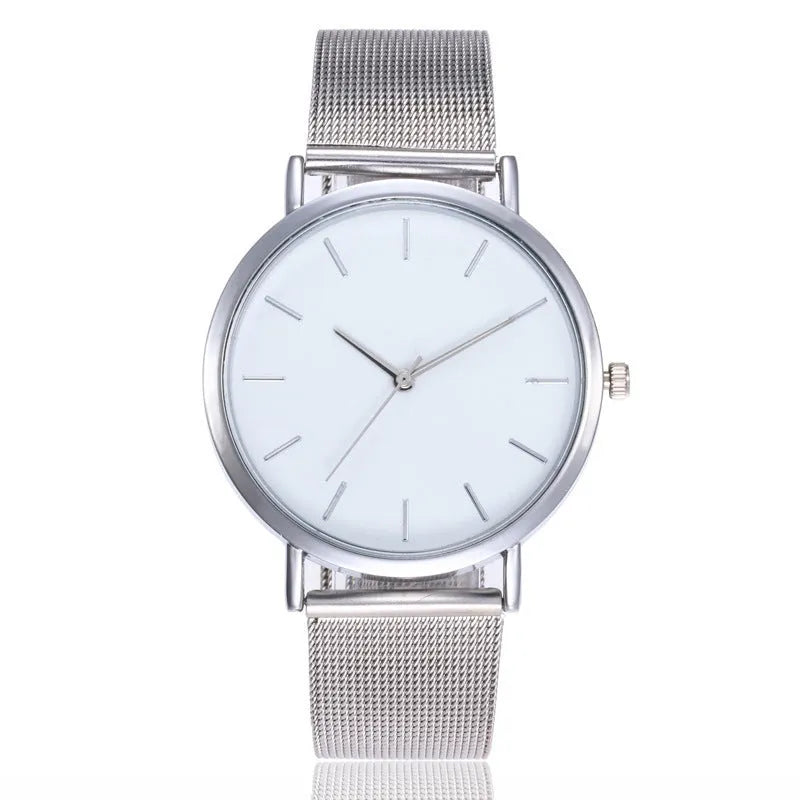 Simple ladies quartz watch with alloy case and stainless steel strap on wrist