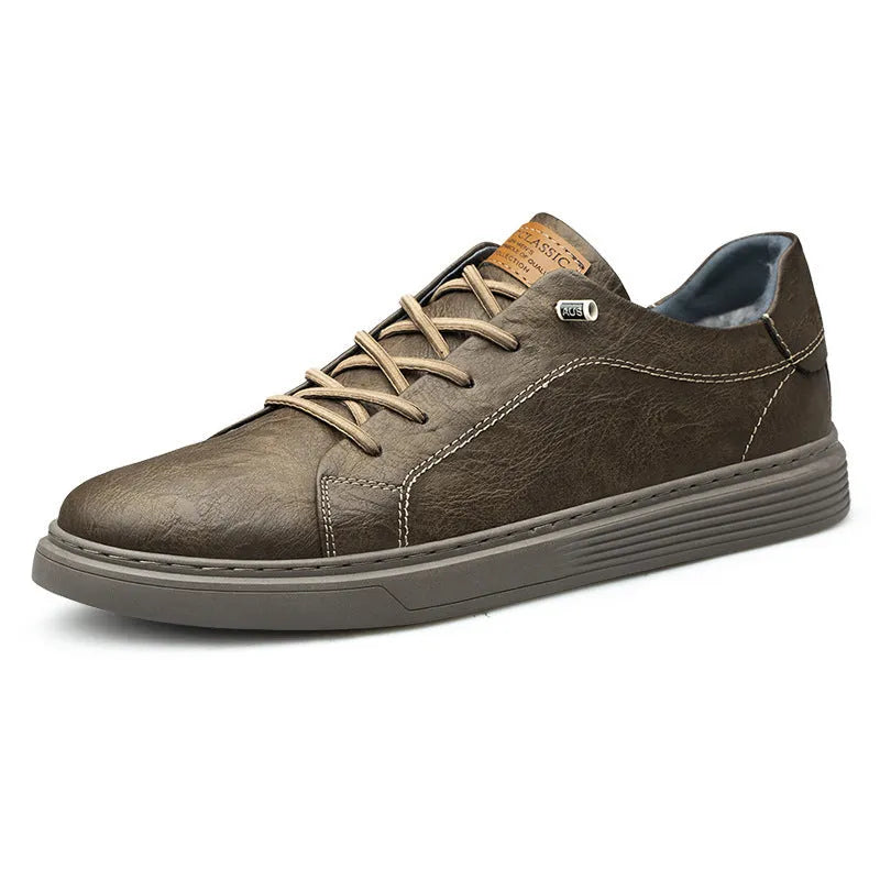 Two-layer cowhide low-top casual sneakers for men, solid colour, round toe, front lace-up, available in khaki black beige