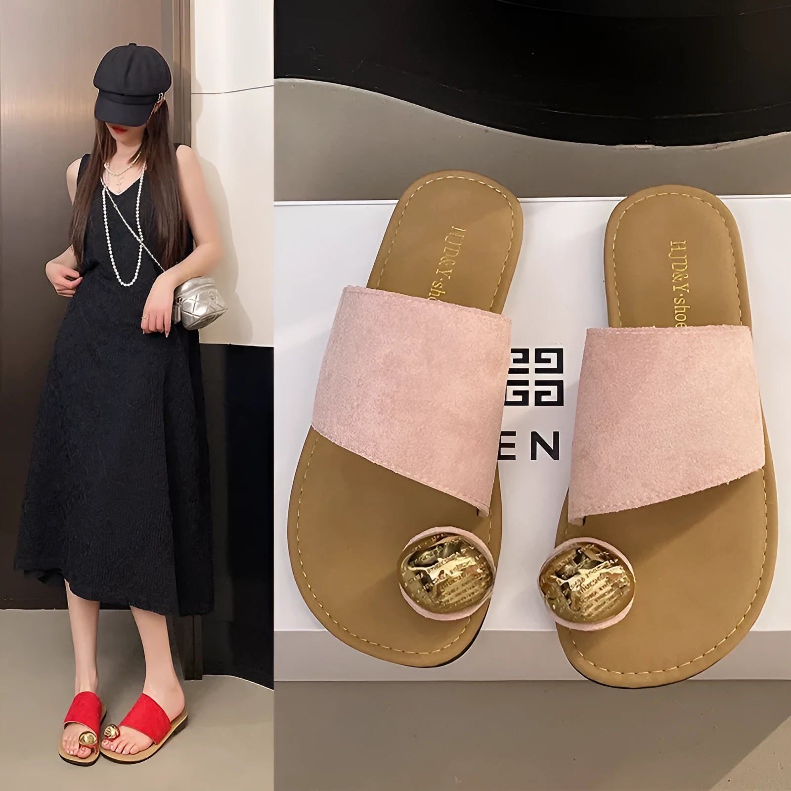 Women's flat bottomed French toe flip flops in solid colours on a light background