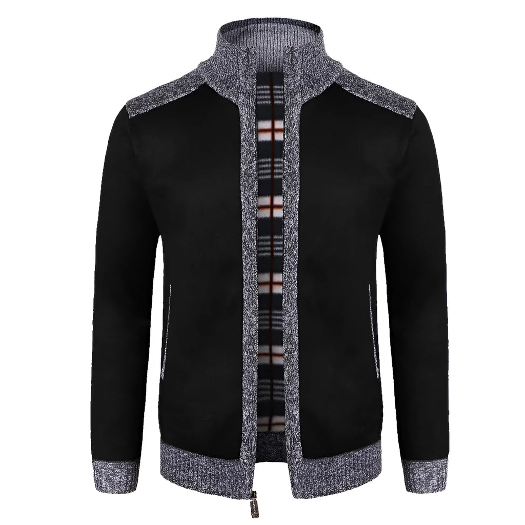 European size loose fit cotton blend dad cardigan for large size men in black front view
