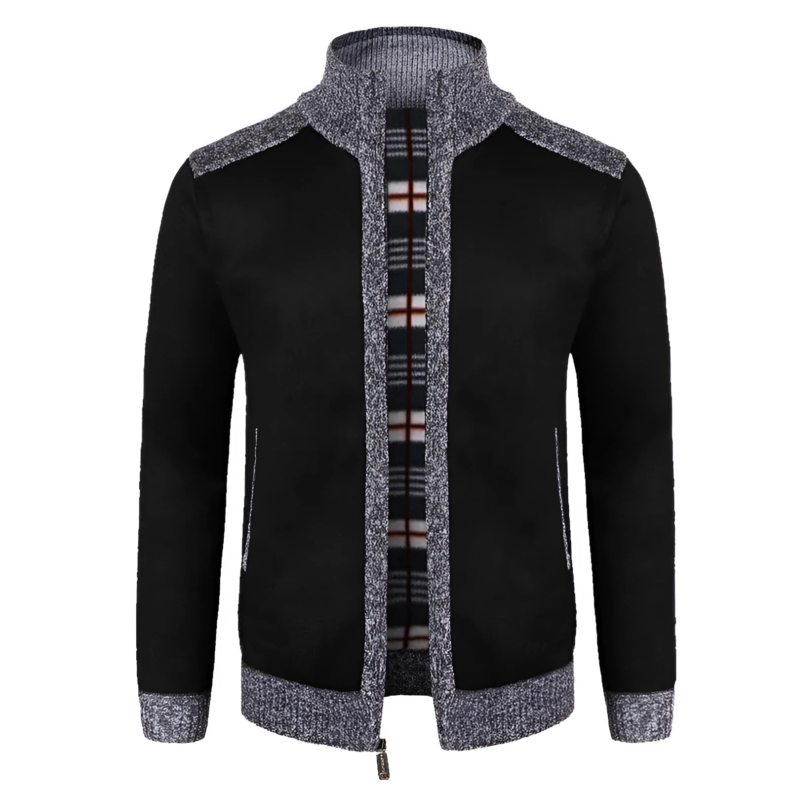 European size loose fit cotton blend dad cardigan for large size men in black front view