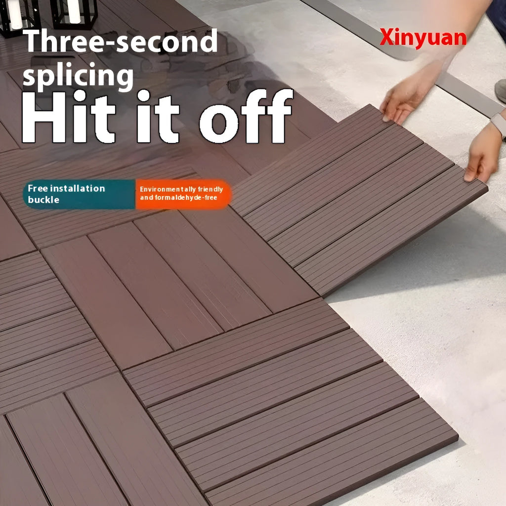Wood grain plastic floor tiles showing splicing design and non-slip surface texture