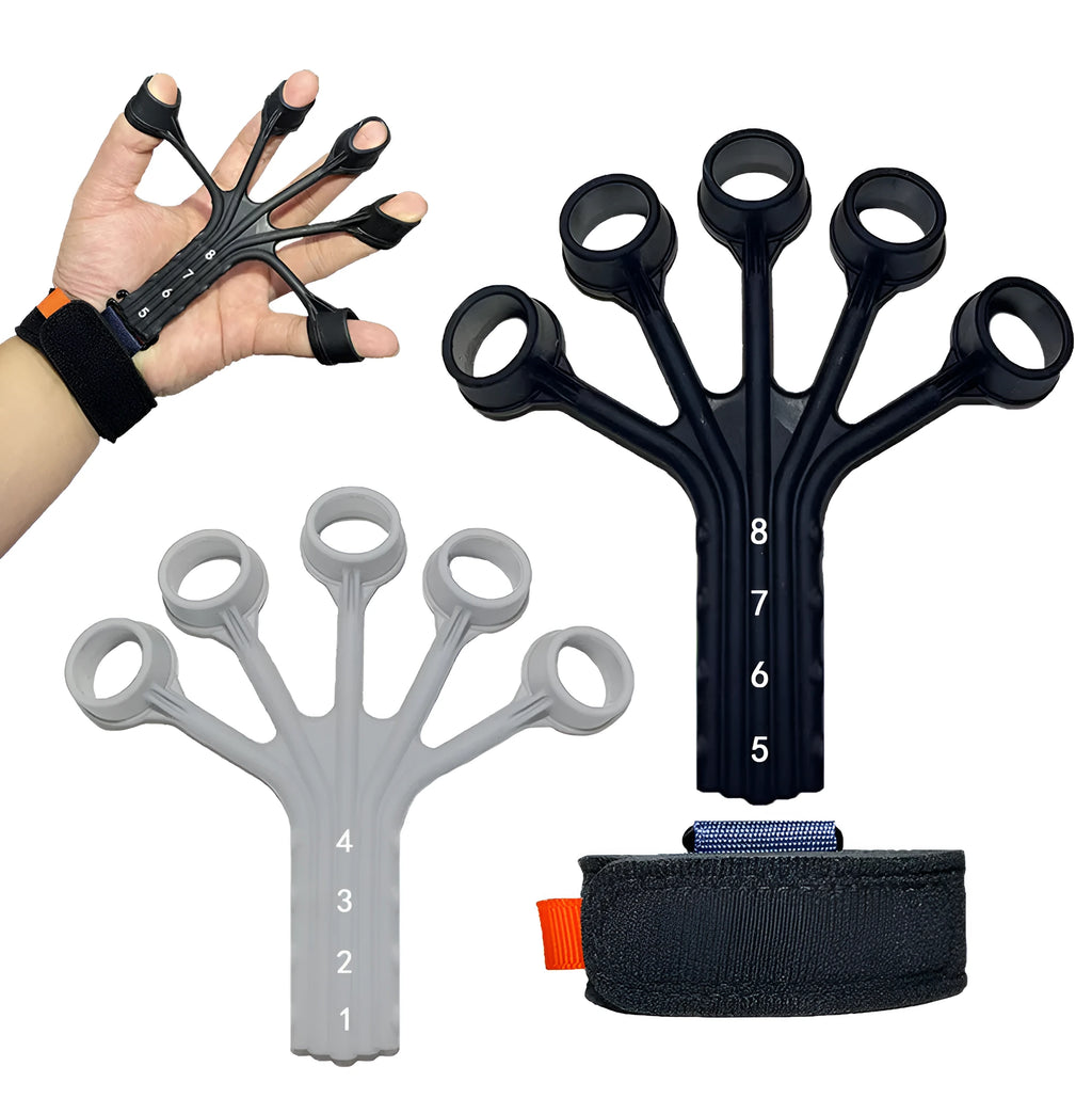 Black and grey silicone finger flexion extension trainer with adjusting belt