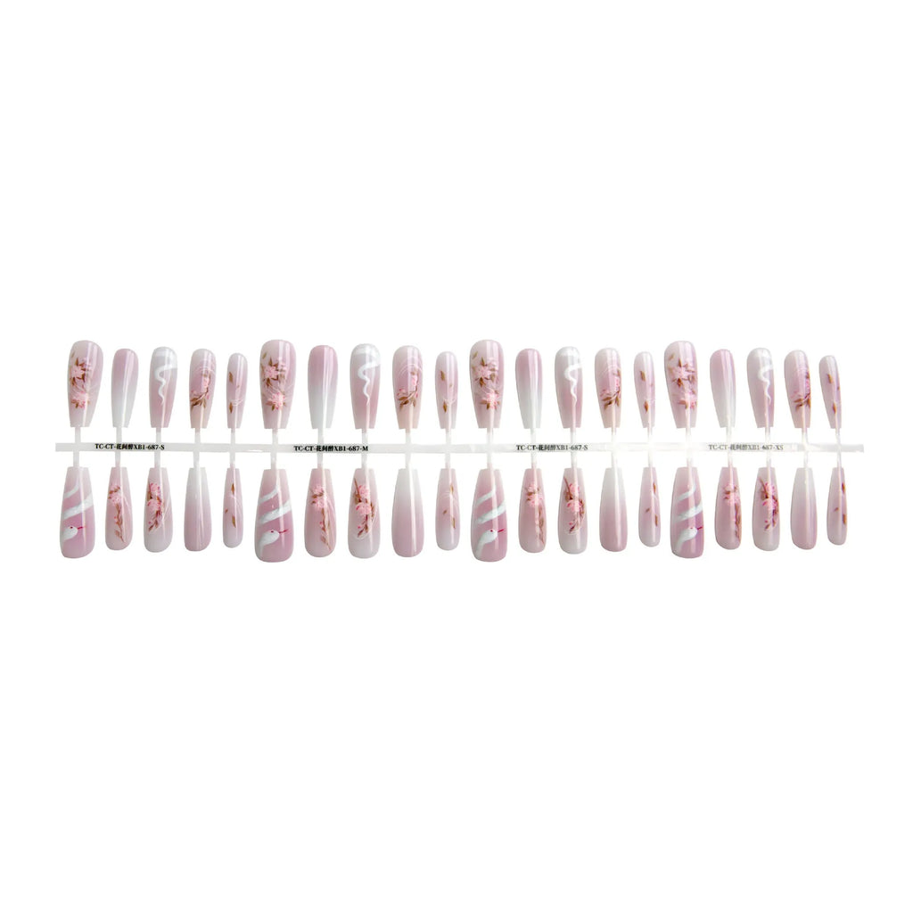 Ancient Chinese style snake year red prefabricated nail tips in drunk among flowers colour, 40 pieces, ultra-thin seamless design