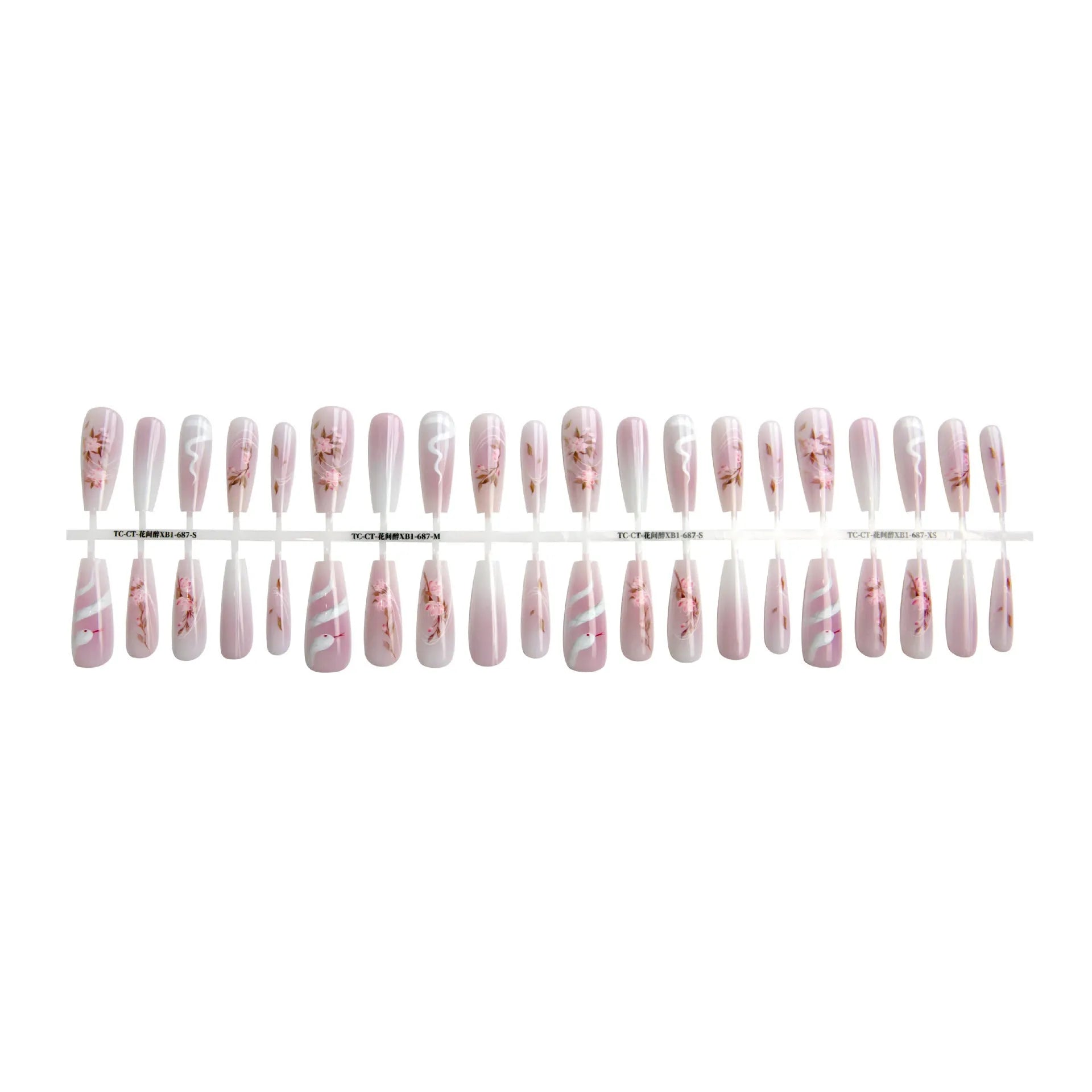 Ancient Chinese style snake year red prefabricated nail tips in drunk among flowers colour, 40 pieces, ultra-thin seamless design