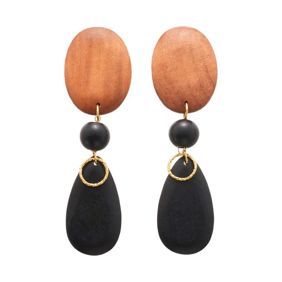 Wooden handmade retro fashion earrings with ellipse shape and brown-black colour combination
