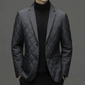 Men's black lapel-style down winter cardigan jacket with side pockets