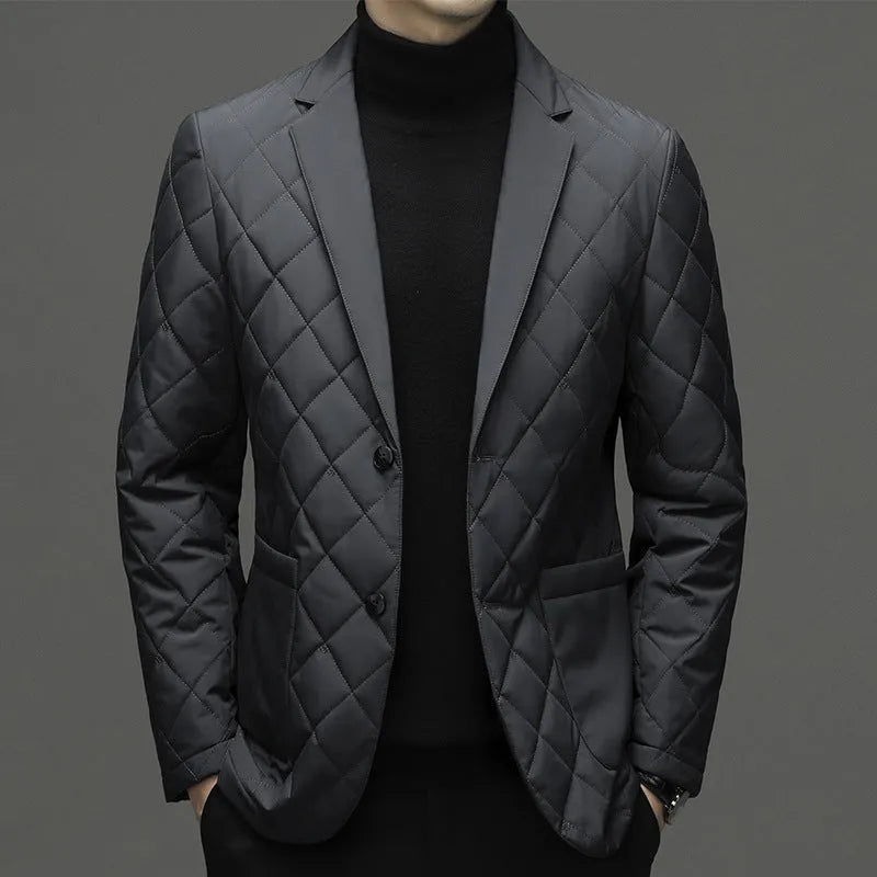 Men's black lapel-style down winter cardigan jacket with side pockets