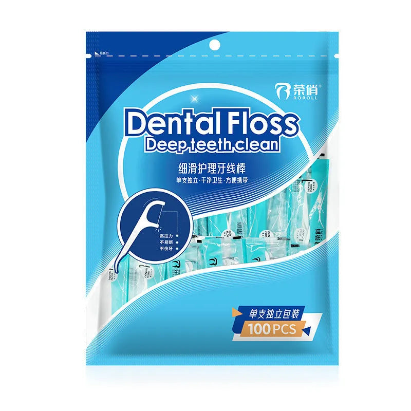 Plastic packaged dental floss showing 100 or 108 count options with portable bag format