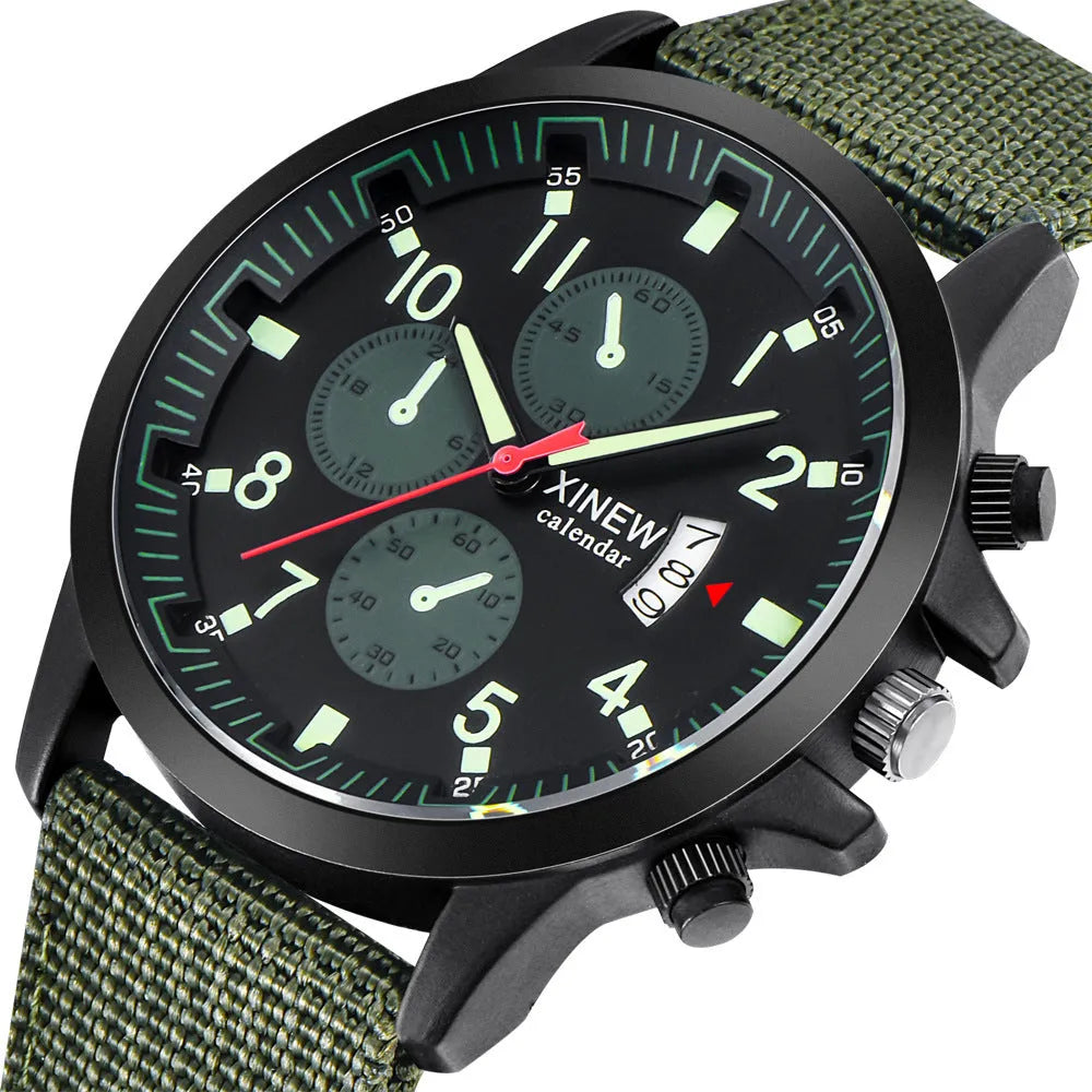Men's nylon band military sports watch with 4.2cm dial and black face on display
