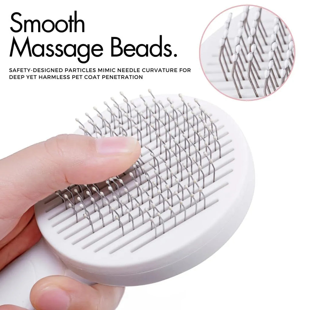 Blue self-cleaning slicker brush for dogs and cats on a table, showing ergonomic rubber handle and stainless steel pins.