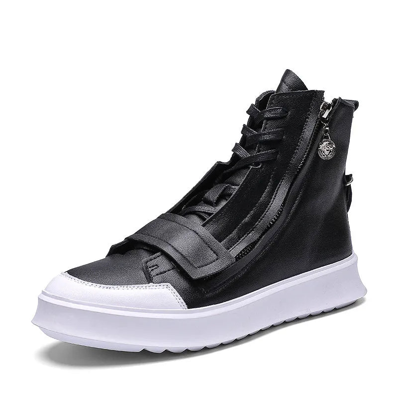 Men's black PU leather winter ankle boots in high-top sneaker style with microfibre upper