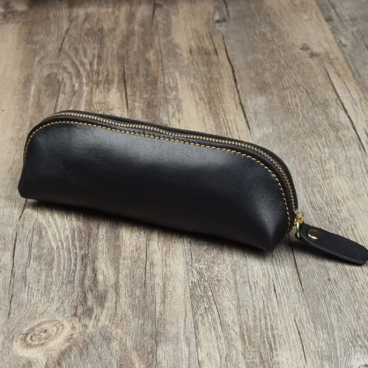 Handmade leather pencil case with zipper in black brown dark brown yellow colours