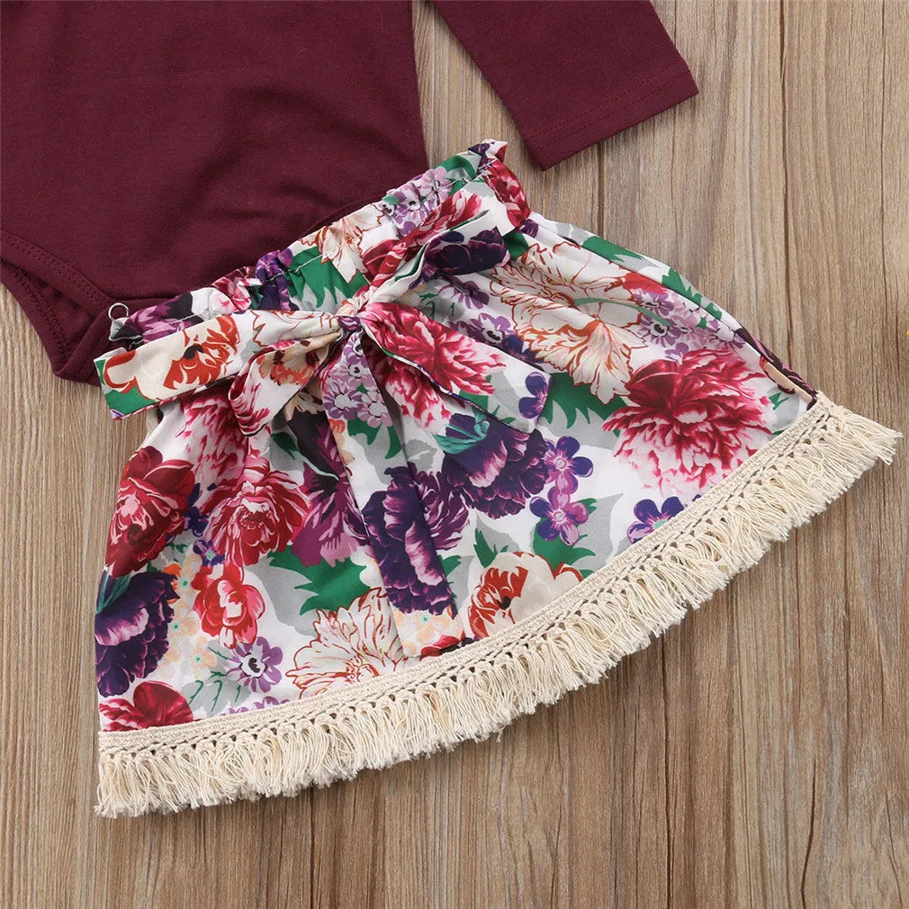 Ramia ruffle set for baby girls: long sleeve top romper, floral skirt, headband, cotton blend, sizes 70-100cm