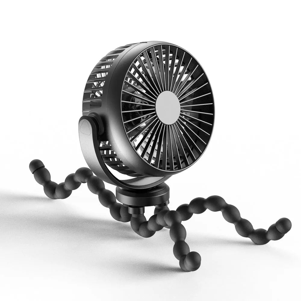 HOMEFISH F2 automatic oscillating stroller fan with LED light and removable mount on a pram.