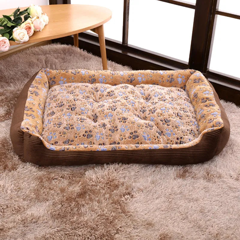 Beige soft plush dog bed sofa with raised sides and a removable zip-off cover.