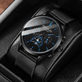Ultra-thin 6mm calendar quartz watch with black two-tone metal strap, white dial, and date window
