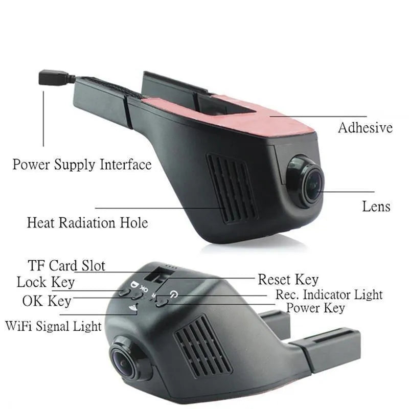 HD 1080P WiFi dash cam with night vision, 140-degree lens, black screenless body, parking monitoring