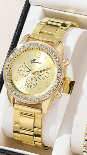 Women's three-eye quartz diamond-embedded watch with rose gold alloy strap