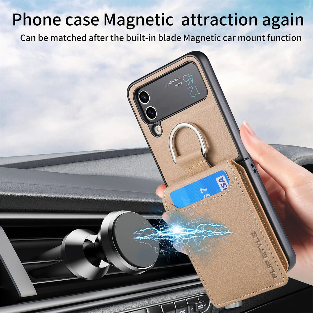 Samsung Z Flip phone case in black with ring bracket and magnetic back, shockproof PC design
