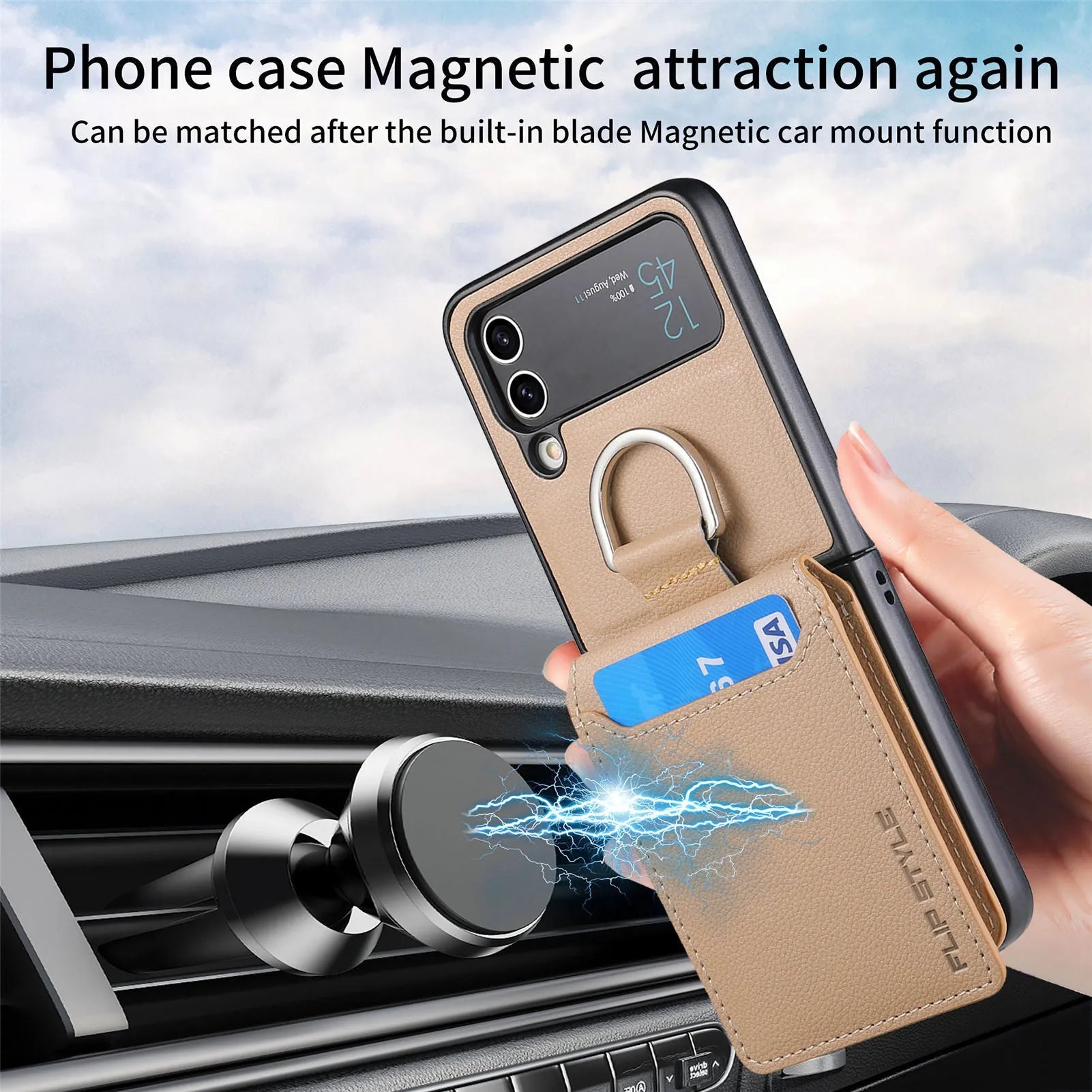 Samsung Z Flip phone case in black with ring bracket and magnetic back, shockproof PC design