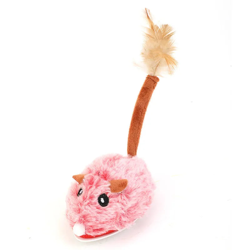 Rechargeable electric cat pole toy with a pink plush mouse on a stand.