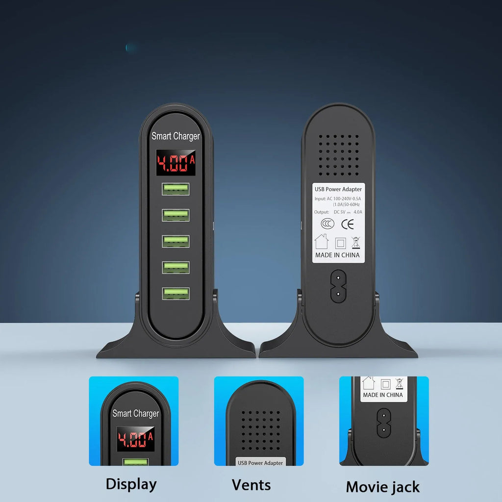 Smart LED digital display USB charger in black or white with choice of plug styles