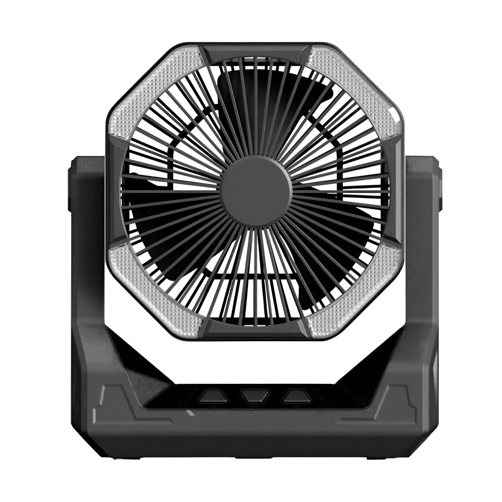 8000mAh telescopic wireless camping fan in orange with aluminium tube, four speeds, and night light on a picnic table