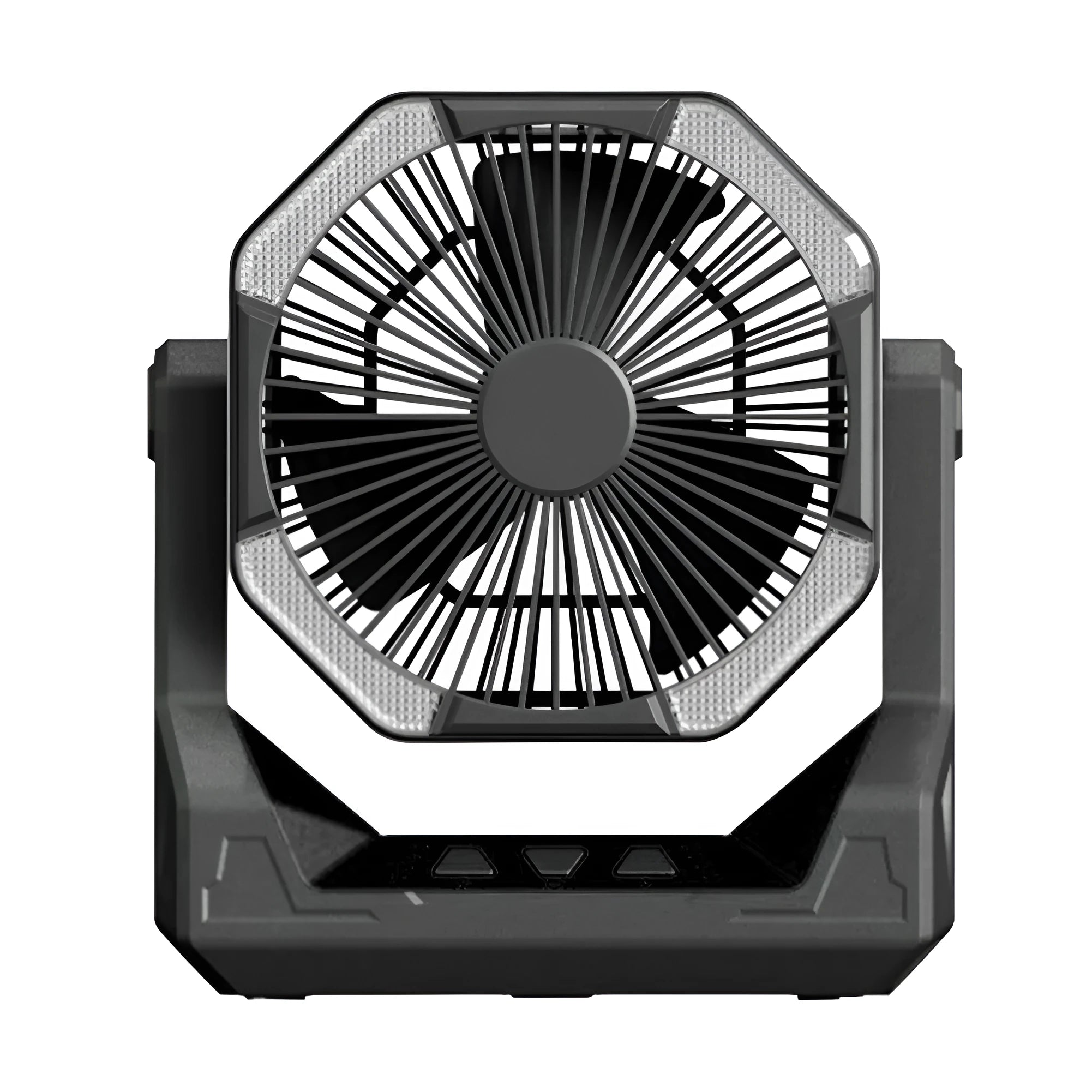 8000mAh telescopic wireless camping fan in orange with aluminium tube, four speeds, and night light on a picnic table