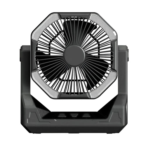 8000mAh telescopic wireless camping fan in orange with aluminium tube, four speeds, and night light on a picnic table