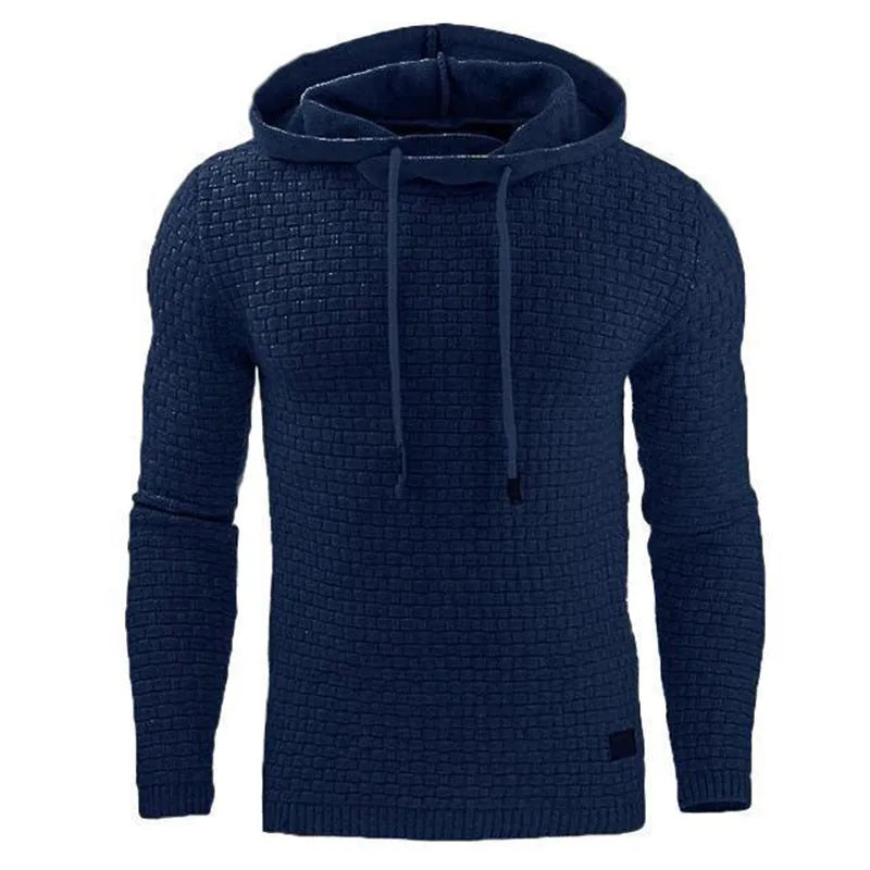 Men's black cotton-polyester blend hooded sweatshirt on a hanger, showcasing the front hood and kangaroo pocket.