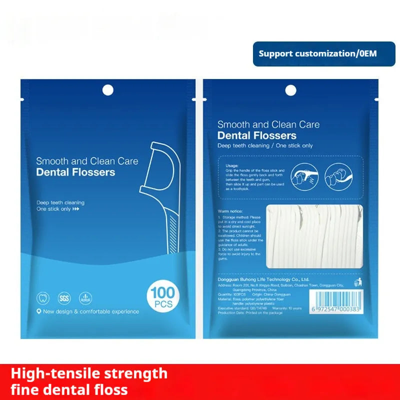 Plastic packaged dental floss showing 100 or 108 count options with portable bag format