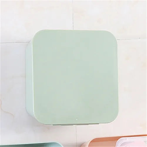 PP plastic paste wall storage box in Nordic blue with adhesive sticker mount, sealed lid, on a clean wall