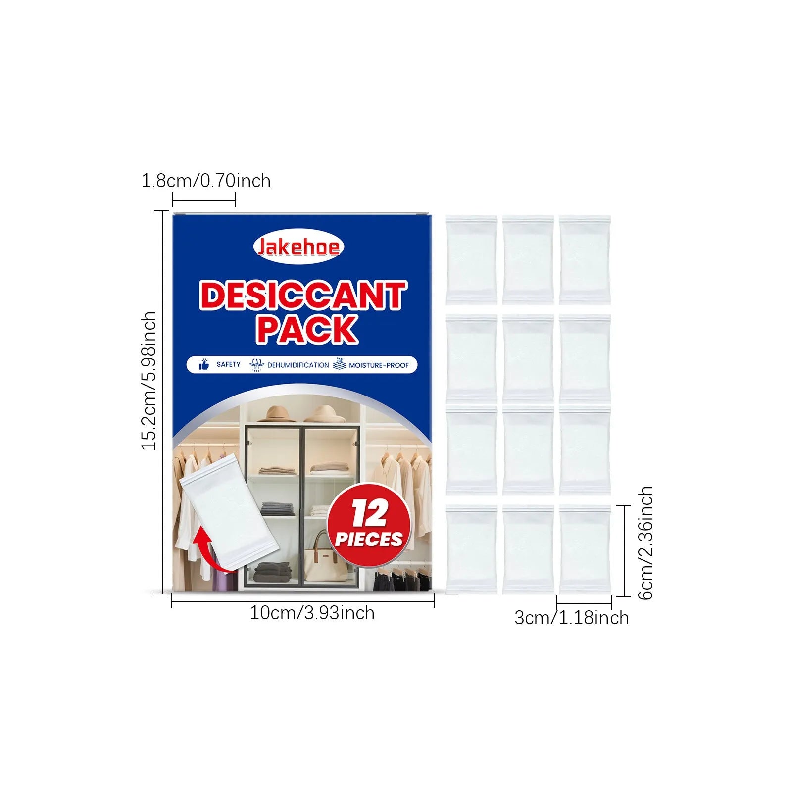 Pack of twelve white calcium chloride desiccant bags for household moisture control.