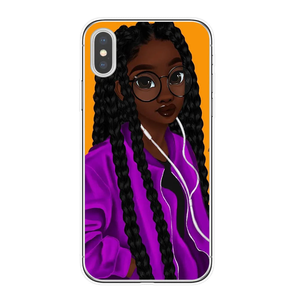 Hand drawn girl girl phone case soft TPU cover for iPhone showing colourful artwork and cutouts
