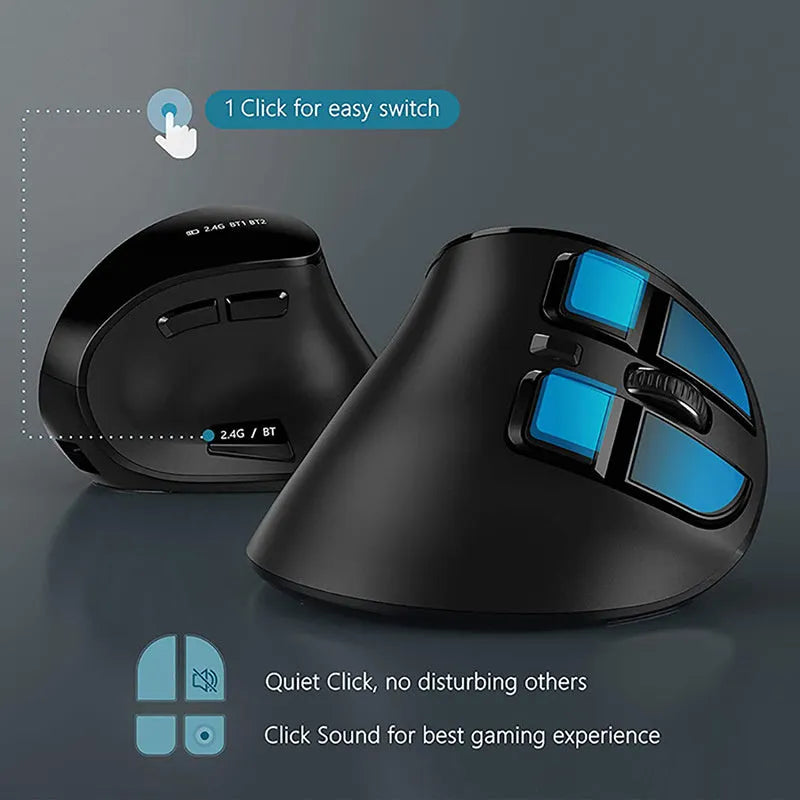 Wireless Bluetooth dual-mode rechargeable optical mouse in black, compact 15x8x5cm size