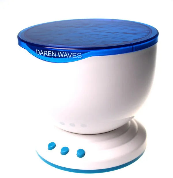 Blue ocean LED projection lamp showing a 2D underwater scene on a wall.