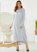 Loose-fitting black lantern dress with a crew neck and lace-up front detail on a mannequin.