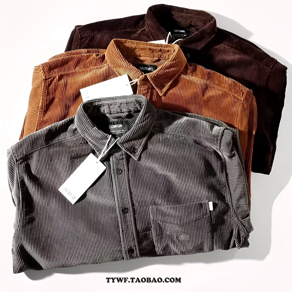 Men's caramel corduroy loose fit cardigan-style long sleeve shirt shown on hanger